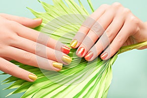 Female hands with orange and gold nail design. Glitter orange and gold nail polish manicure. Female hands hold tropic leaf