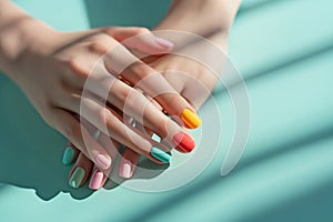 Female hands with pastel multicolored manicure elegantly crossed over a turquoise background