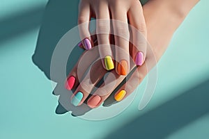 Female hands with pastel multicolored manicure elegantly crossed over a turquoise background