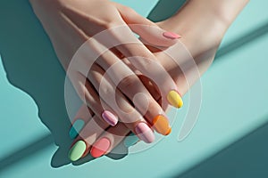 Female hands with pastel multicolored manicure elegantly crossed over a turquoise background