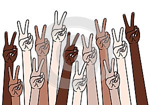 Female hands with peace sign, victory symbol, anti racism, vector illustration