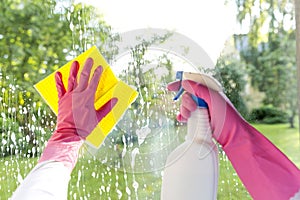 Female hands in pink gloves cleaning window