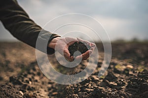 Female hands pouring a black soil in the field. Female agronomist testing a quality of soil. Concept of agriculture.