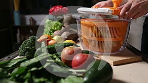 Female hands putting spinach leaves into spinner