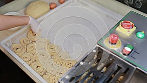 The female hands putting uncooked spaghetti or tagliatelle into plastic tray. Making noodles. Lots of uncooked Italian pasta