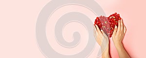 Female hands and red berries in the shape of a heart on a pink background