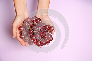 Female hands with ripe tasty grapes on color background