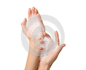 Female hands with soap foam on white background