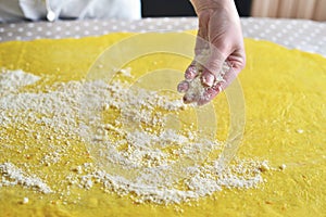 Female hands sprinkle flour on the dough