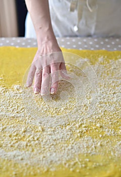 Female hands sprinkle flour on the dough