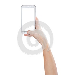 Female hands taking photo with smart phone of blank white touch screen, front view, isolated