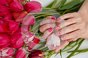 Female hands with tender spring manicure holding pink fresh tulip on flowers background. Nail art, gel nails polish design, beauty