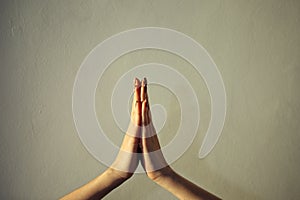 Female hands together close-up, gesture namaste, yoga, praying.