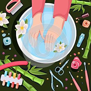 Female hands, top view  illustration. Spa procedures, manicure and relax. Beauty salon hands and nails care