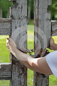 female hands trying to open closed doors