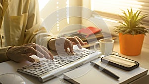 Female hands typing on computer keyboard. Education.