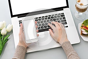 female hands typing laptop keyboard and holding phone with isolated