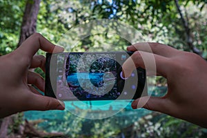 Female Hands Using Cell Phone for Taking Photo of Sra Morakot Blue Pool at Krabi Province in Thailand. Famous Natural