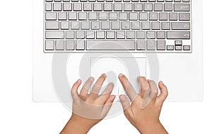 Female hands using laptop. business girl using touchpad on white