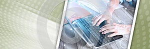 Female hands using a laptop, light effect. panoramic banner