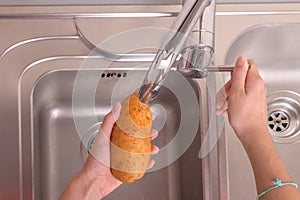 Female hands washing potato with hand under running water in sink in the kitchen