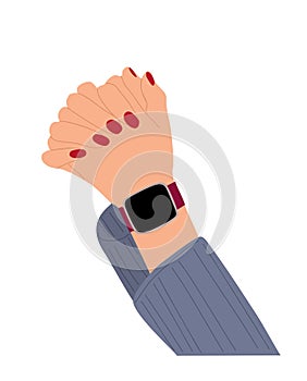 Female hands wearing smart watch on wrist.