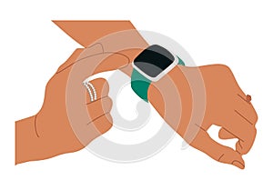 Female hands wearing smart watch on wrist vector.