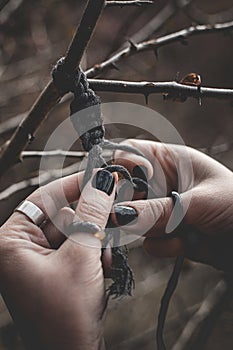 Female hands weaving a macrame braid on a tree