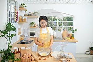 Female hands whipping eggs in bowl, using egg whisk