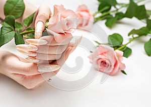 Female Hands on a white background with beautiful pearl manicure.Hands on a brown background and beautiful pearl manicure