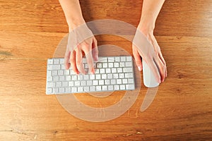 Female hands working with modern white keyboard and mouse on wooden background, top view  - Image