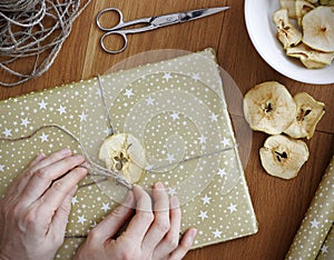 Female hands wrapping Christmas present