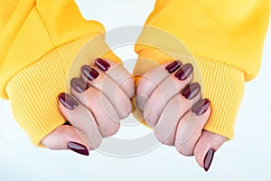 Female hands in a yellow jacket with a blackberry-colored manicure on the nails.