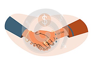 Female handshake vector illustration. Woman success entrepreneur concept. Money sign as result teamwork. Isolated on