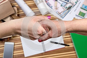 Female handshakes on building project background