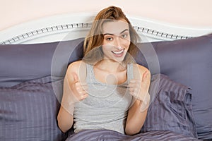 Female happy in bedroom in morning, happy day concept, feminity freedom concept