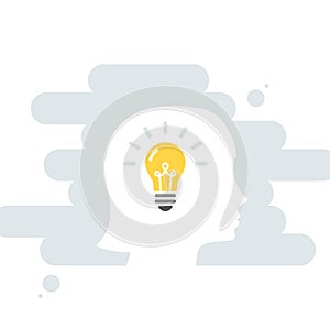 Female head and brain vector icon. Light bulb. Concept of creativity, idea, solution. Vector illustration, flat design