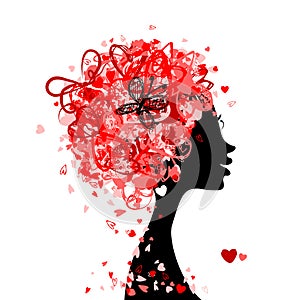 Female head with hairstyle made from tiny hearts