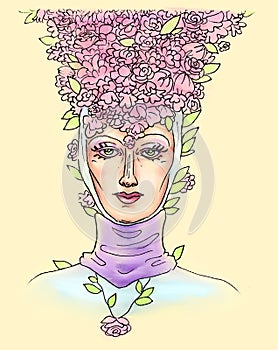 Female head in a medieval headdress with a calm love look and flower petals on her head, beauty in a hat made of flowers pastel-