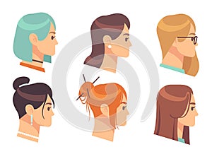 Female head profile. Cartoon woman portraits. Girls with different hairstyles and accessories. Haircuts template for