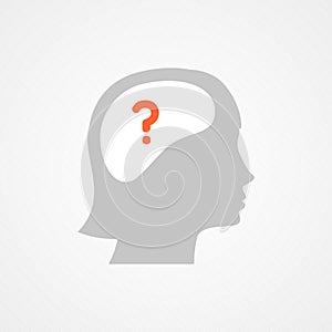 Female head and question. Concept of solution, doubts. Vector illustration, flat design
