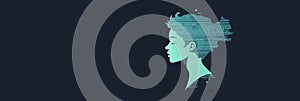 Female Head Silhouette, Turquoise Motherboard And Binary Code On Dark Background, Technology Concept