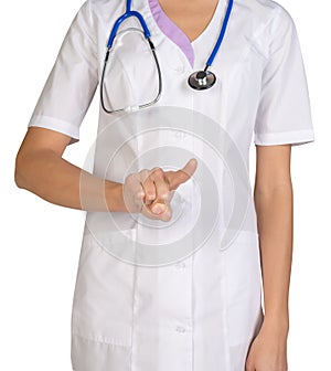 Female headless doctor pointing to something or pressing imaginary button