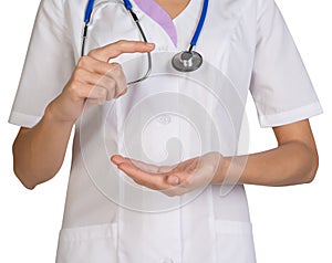 Female headless doctor pointing to something or pressing imaginary button