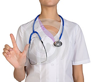 Female headless doctor pointing to something or pressing imaginary button