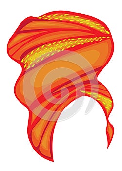 Female headpiece for woman, turban. A bright knitted red scarf. National beautiful and stylish clothes. Vector illustration