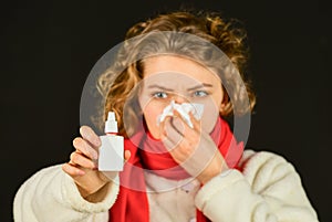 Female health concept. woman with cold flu use nasal spray. illness infection concept. contagious respirator disease