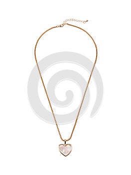 Female heart shaped pendant with golden chain necklace isolated on white