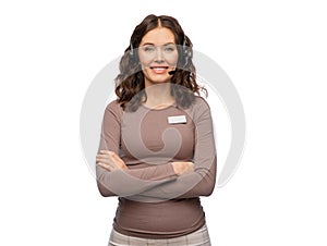 female helpline operator with headset and name tag