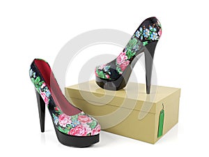 Female high heeled shoes isolated on shoe box